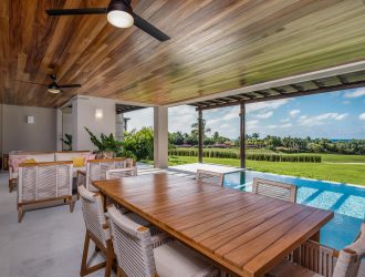 wooden dining room, dining room with view of the pool