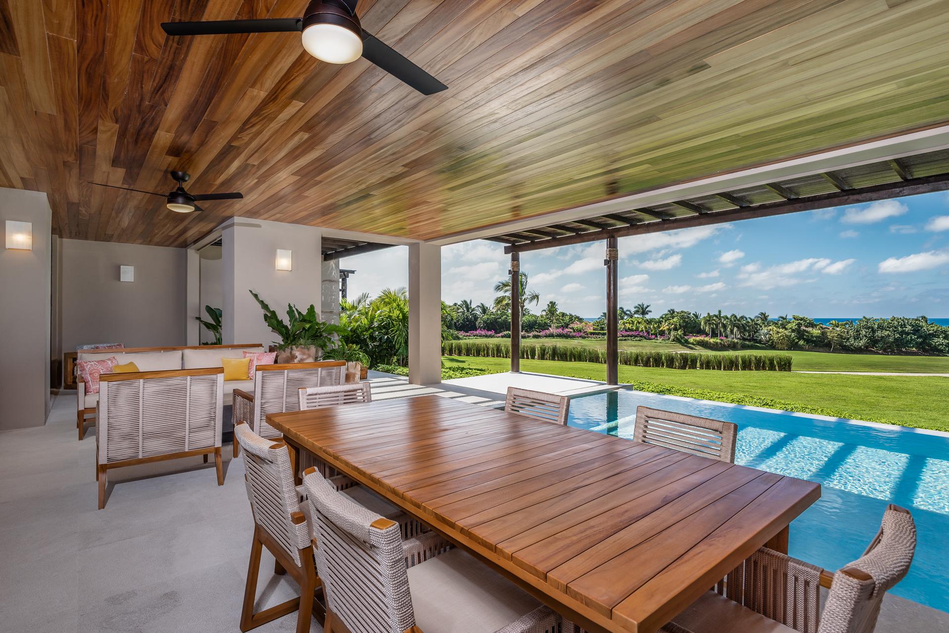 wooden dining room, dining room with view of the pool